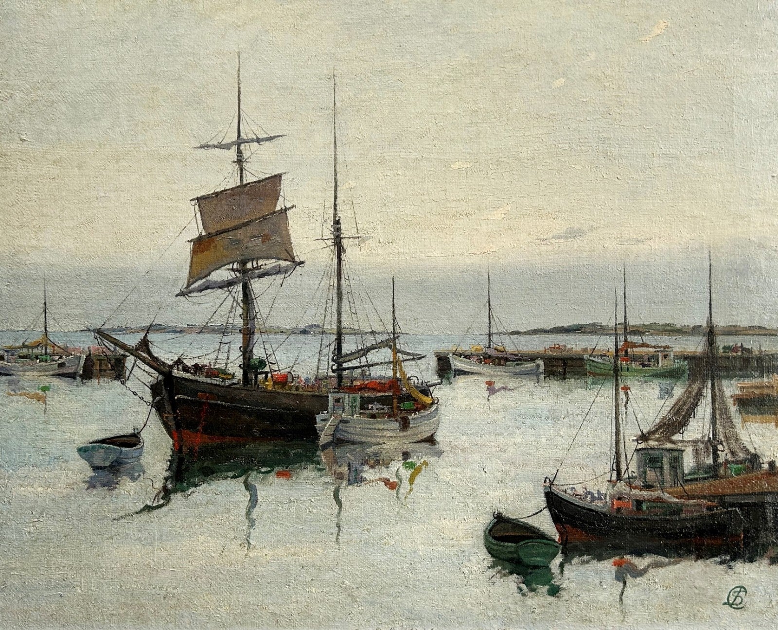 Jens Sinding Christensen- Brixham Harbour Devon- Vintage Seascape Oil Painting